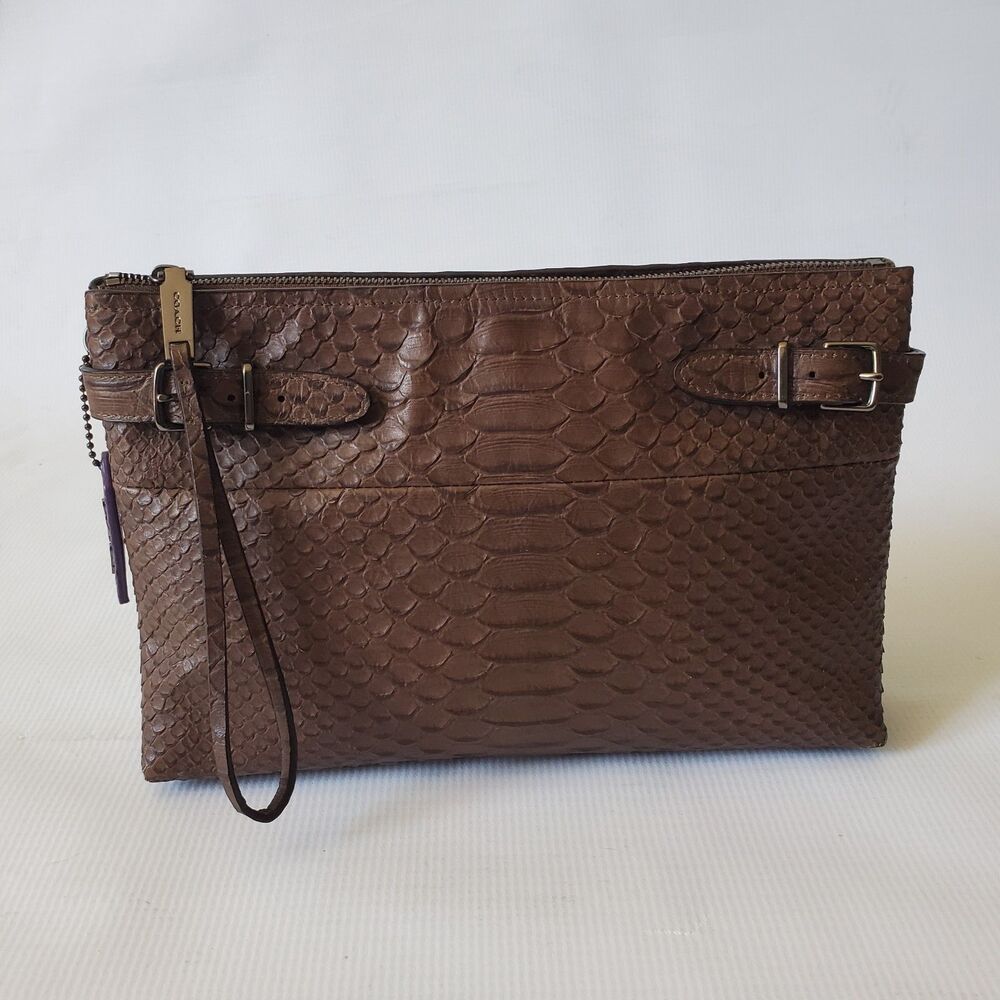 Coach Vintage Large Borough Python Embossed Leather Wristlet Clutch Zip Preppy